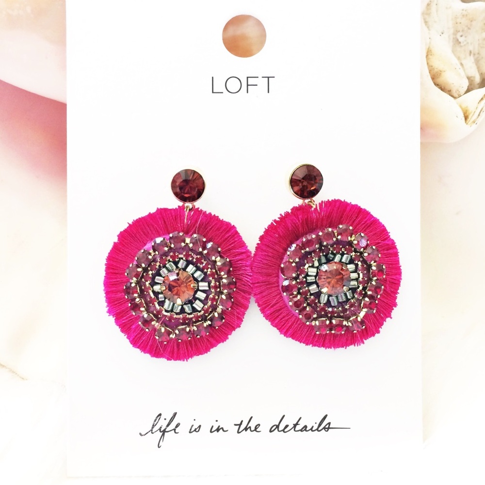 LOFT CRYSTAL BEADED PINK FRINGE DROP EARRINGS NEW